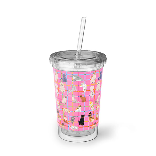 Cute Cat Acrylic Cup with Straw – Pink Plaid Reusable Tumbler for Iced Drinks