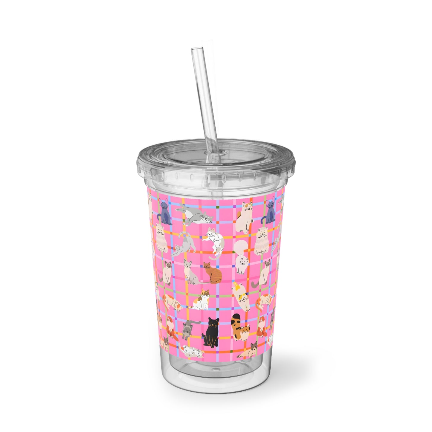 Cute Cat Acrylic Cup with Straw – Pink Plaid Reusable Tumbler for Iced Drinks