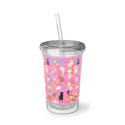 Cute Cat Acrylic Cup with Straw – Pink Plaid Reusable Tumbler for Iced Drinks