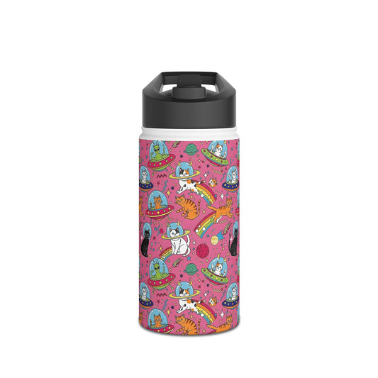 Cosmic Cat Water Bottle | Rainbow Space Tumbler | Pink Alien Insulated Bottle