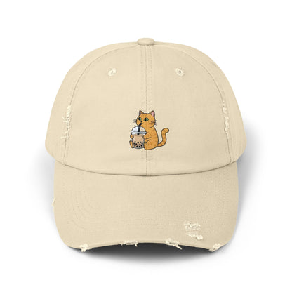 Bubble Tea Cat Distressed Cap