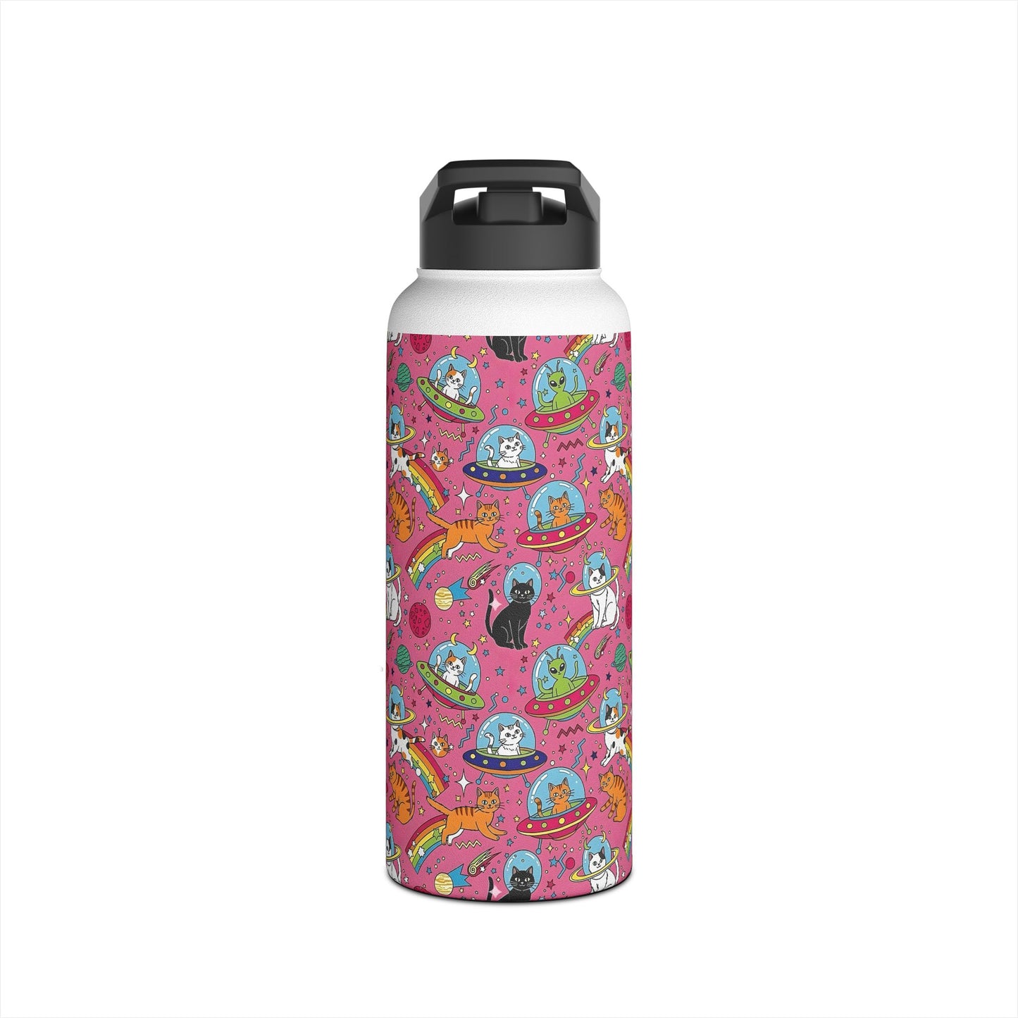 Cosmic Cat Water Bottle | Rainbow Space Tumbler | Pink Alien Insulated Bottle