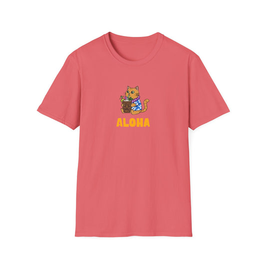 Aloha Cat T-Shirt | Hawaiian Shirt Kitty | Tropical Drink Tee | Summer Vacation Gift