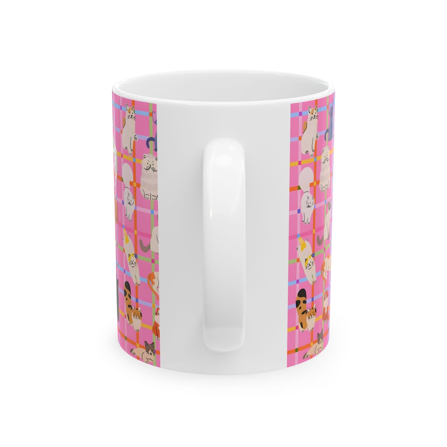 Cute Cat Graphic Mug - Pink Plaid Pattern