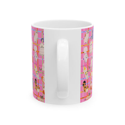 Cute Cat Graphic Mug - Pink Plaid Pattern