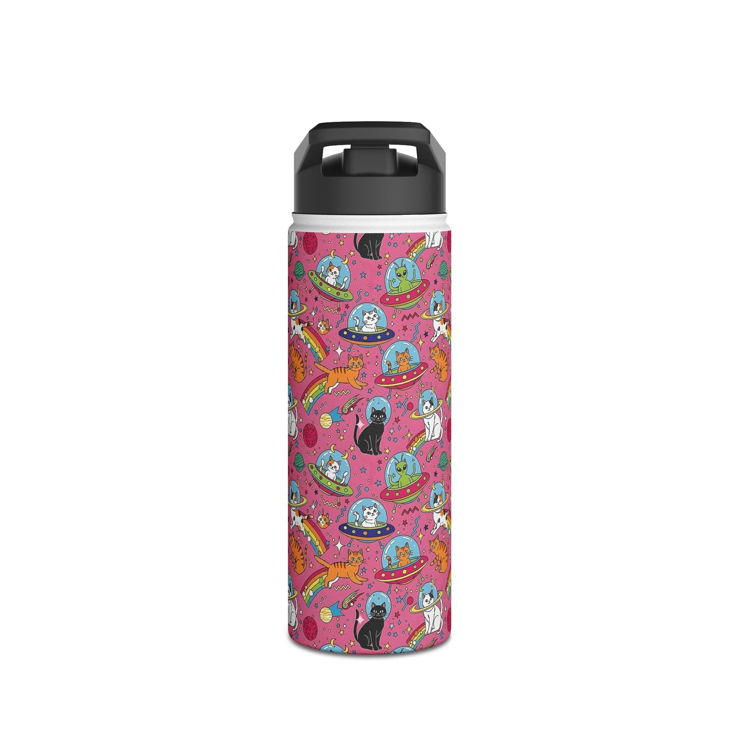 Cosmic Cat Water Bottle | Rainbow Space Tumbler | Pink Alien Insulated Bottle