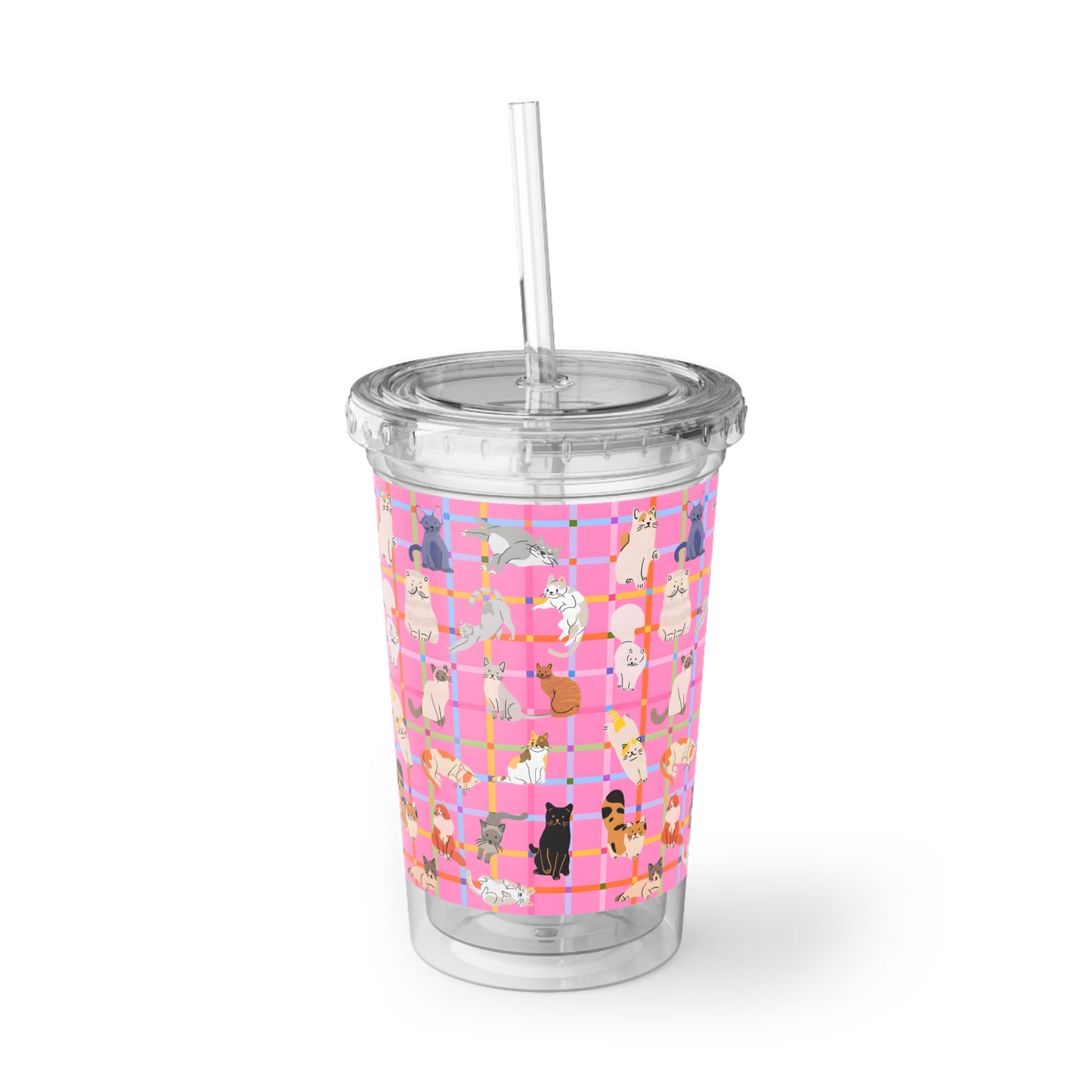 Cute Cat Acrylic Cup with Straw – Pink Plaid Reusable Tumbler for Iced Drinks