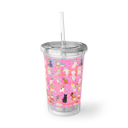 Cute Cat Acrylic Cup with Straw – Pink Plaid Reusable Tumbler for Iced Drinks