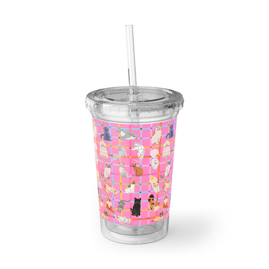 Cute Cat Acrylic Cup with Straw – Pink Plaid Reusable Tumbler for Iced Drinks