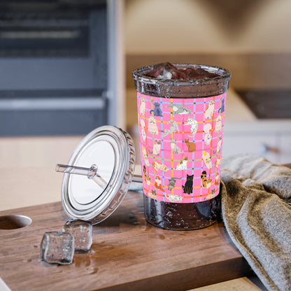 Cute Cat Acrylic Cup with Straw – Pink Plaid Reusable Tumbler for Iced Drinks