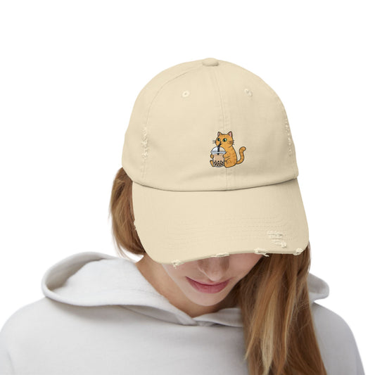 Bubble Tea Cat Distressed Cap