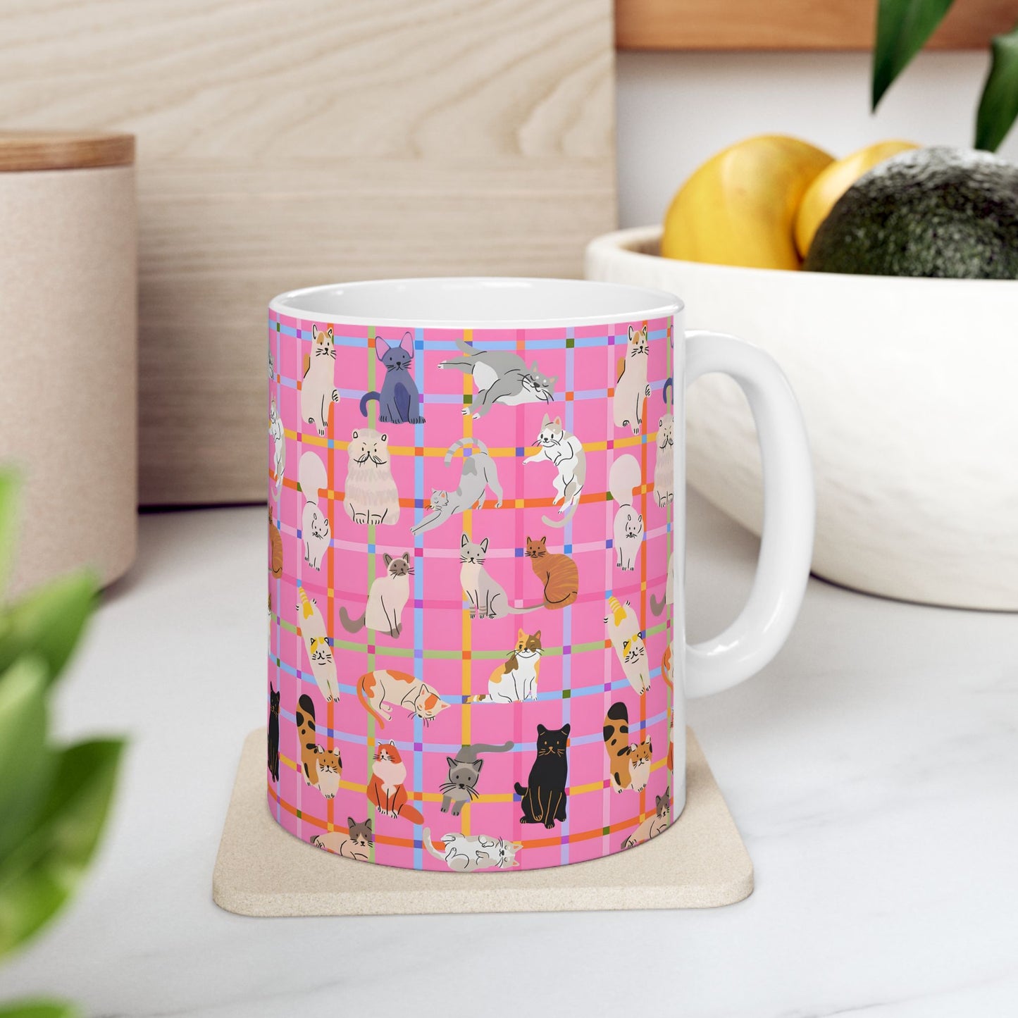 Cute Cat Graphic Mug - Pink Plaid Pattern