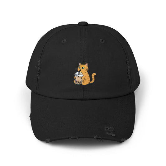 Bubble Tea Cat Distressed Cap
