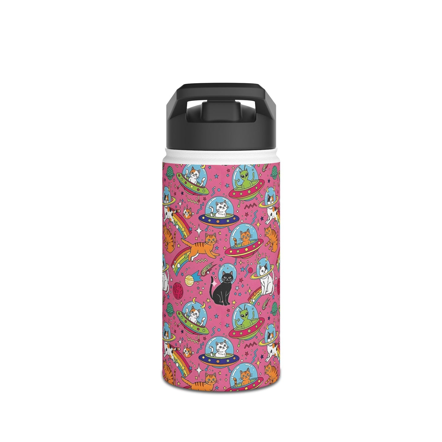 Cosmic Cat Water Bottle | Rainbow Space Tumbler | Pink Alien Insulated Bottle