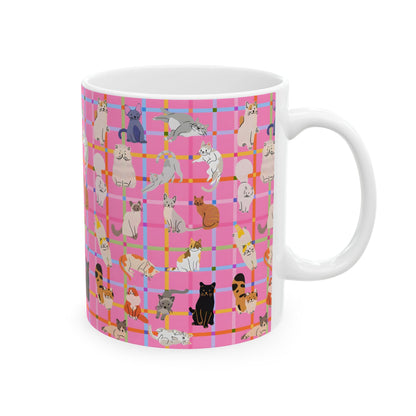 Cute Cat Graphic Mug - Pink Plaid Pattern