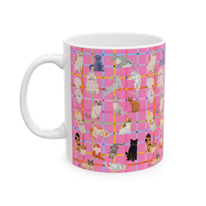 Cute Cat Graphic Mug - Pink Plaid Pattern