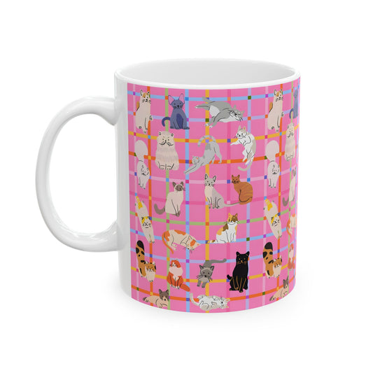 Cute Cat Graphic Mug - Pink Plaid Pattern