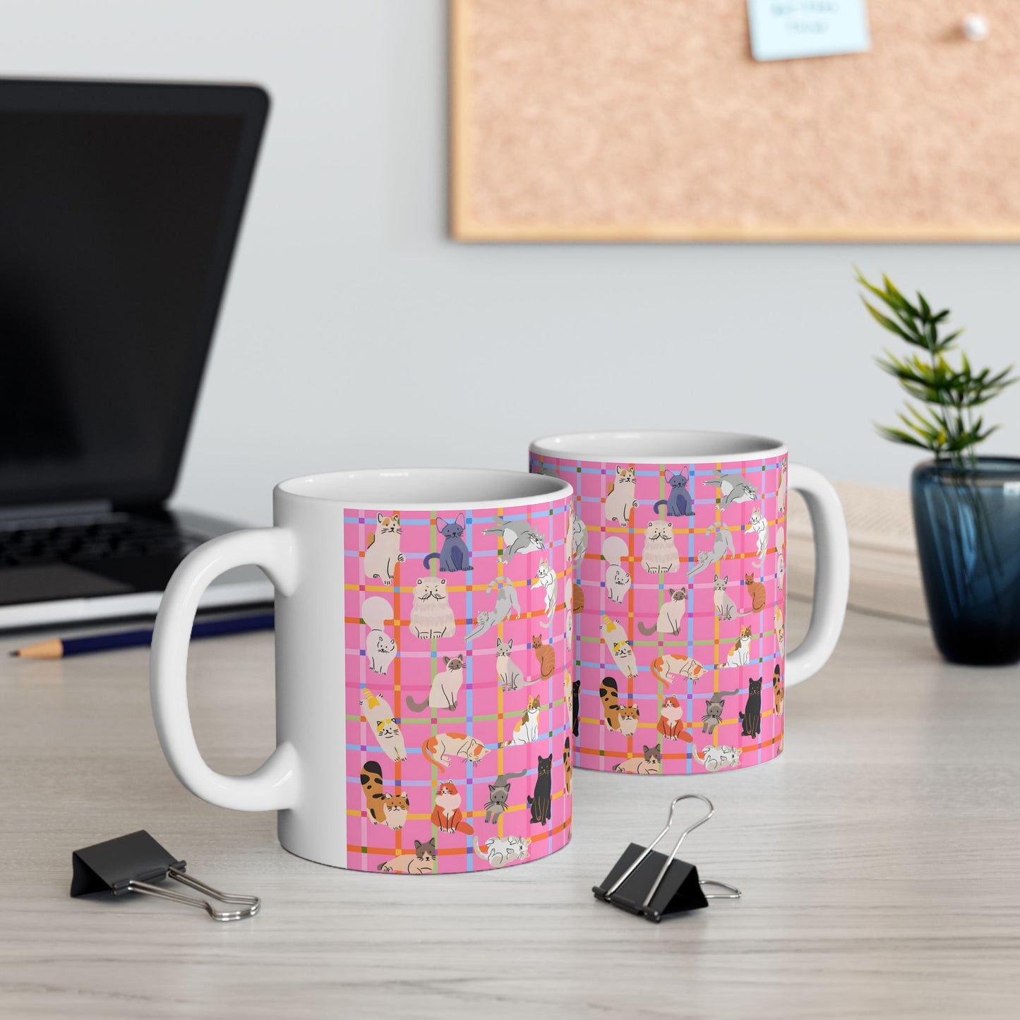Cute Cat Graphic Mug - Pink Plaid Pattern
