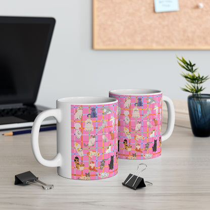 Cute Cat Graphic Mug - Pink Plaid Pattern