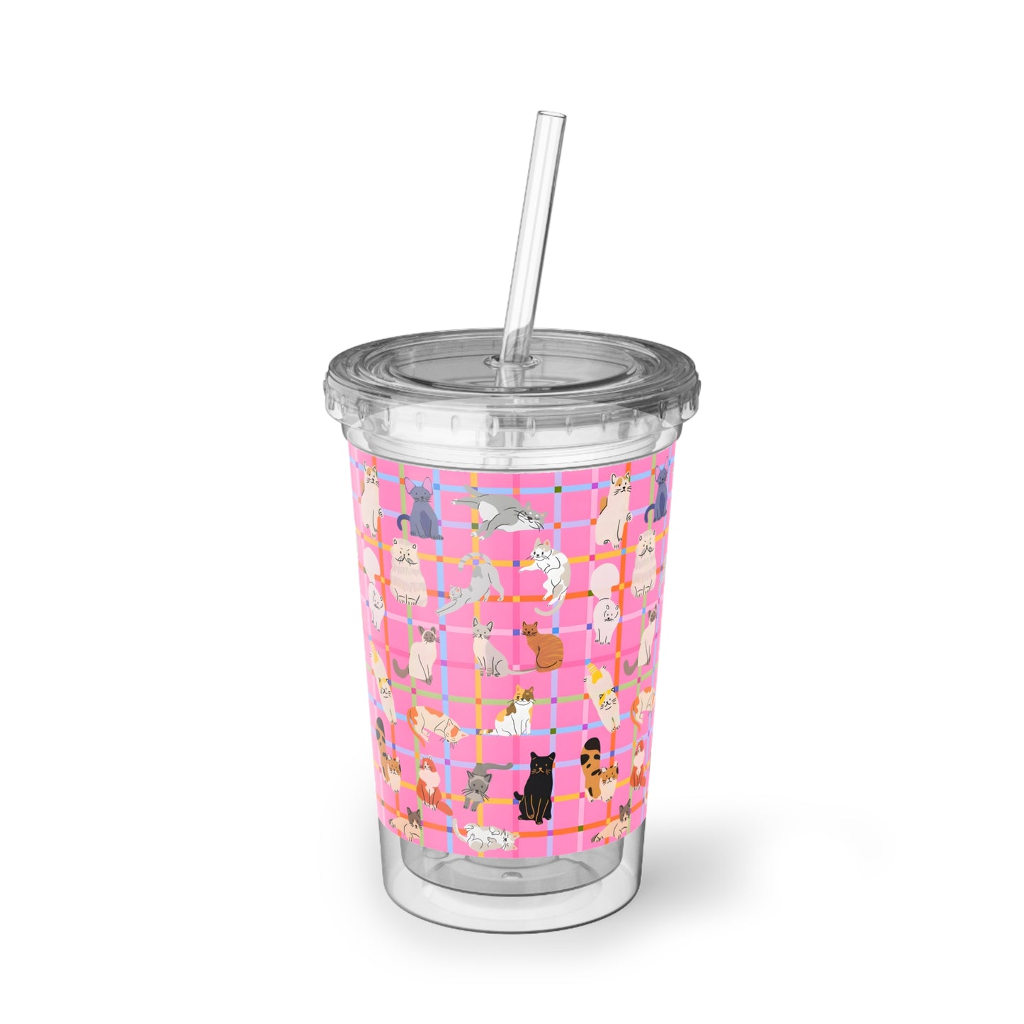 Cute Cat Acrylic Cup with Straw – Pink Plaid Reusable Tumbler for Iced Drinks