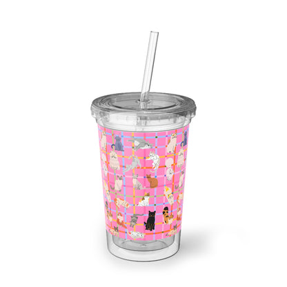 Cute Cat Acrylic Cup with Straw – Pink Plaid Reusable Tumbler for Iced Drinks