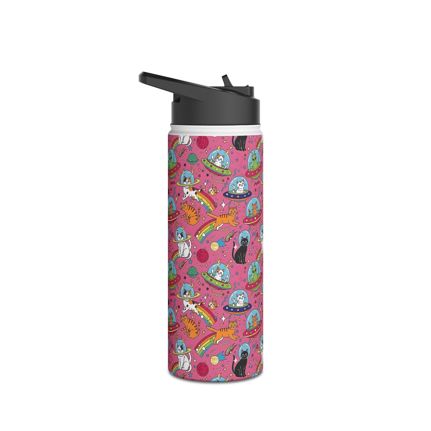 Cosmic Cat Water Bottle | Rainbow Space Tumbler | Pink Alien Insulated Bottle