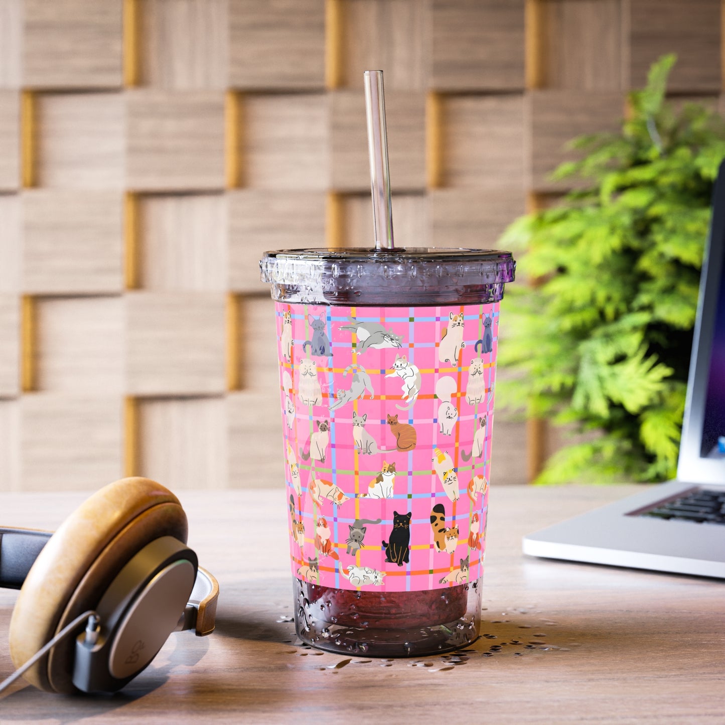 Cute Cat Acrylic Cup with Straw – Pink Plaid Reusable Tumbler for Iced Drinks
