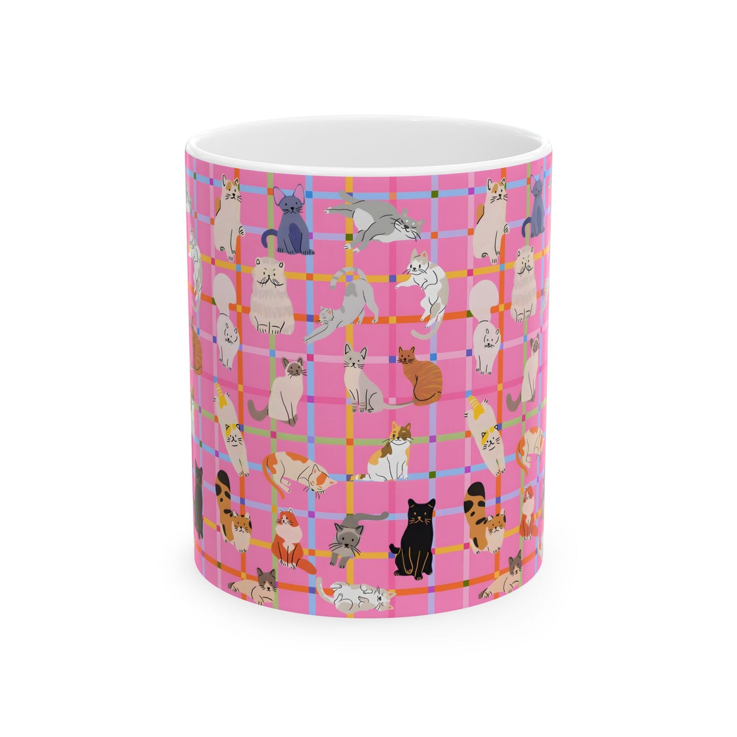 Cute Cat Graphic Mug - Pink Plaid Pattern