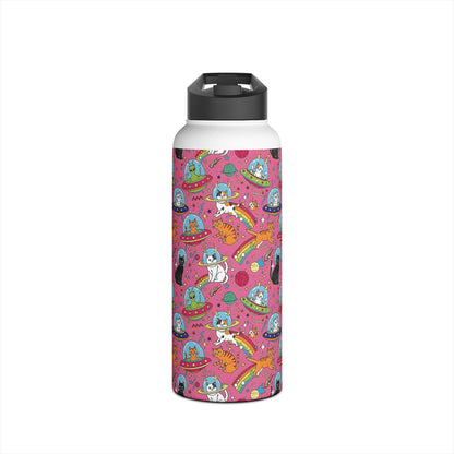 Cosmic Cat Water Bottle | Rainbow Space Tumbler | Pink Alien Insulated Bottle