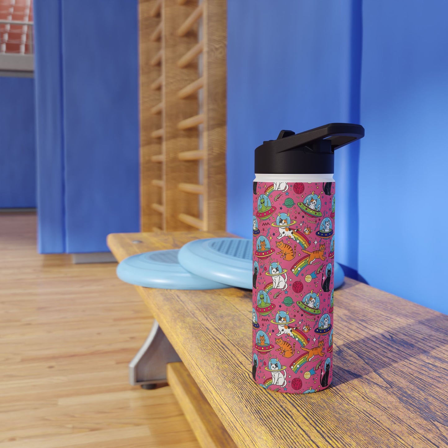 Cosmic Cat Water Bottle | Rainbow Space Tumbler | Pink Alien Insulated Bottle