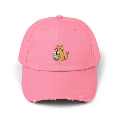 Bubble Tea Cat Distressed Cap
