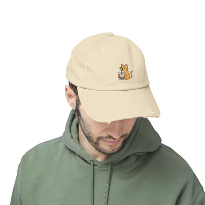 Bubble Tea Cat Distressed Cap