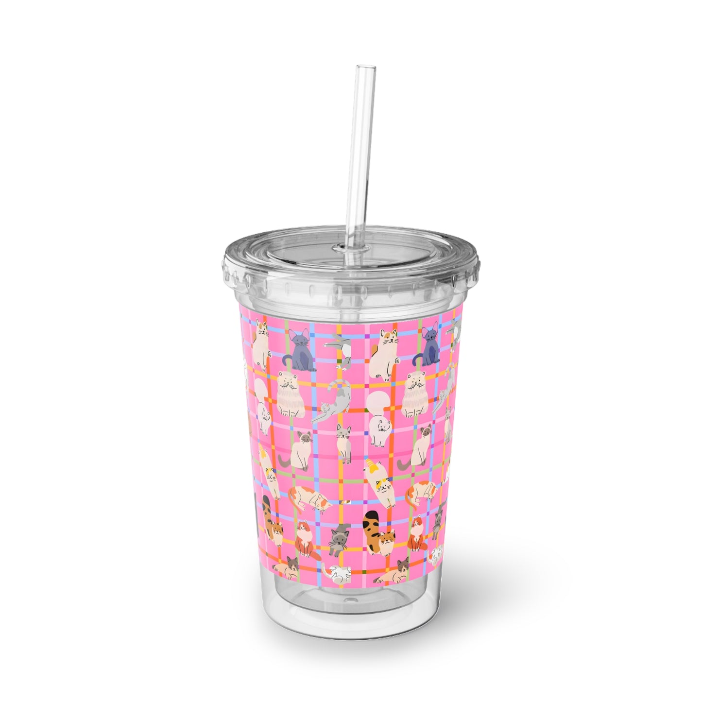 Cute Cat Acrylic Cup with Straw – Pink Plaid Reusable Tumbler for Iced Drinks