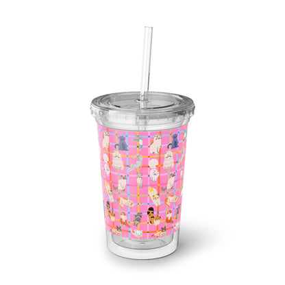 Cute Cat Acrylic Cup with Straw – Pink Plaid Reusable Tumbler for Iced Drinks